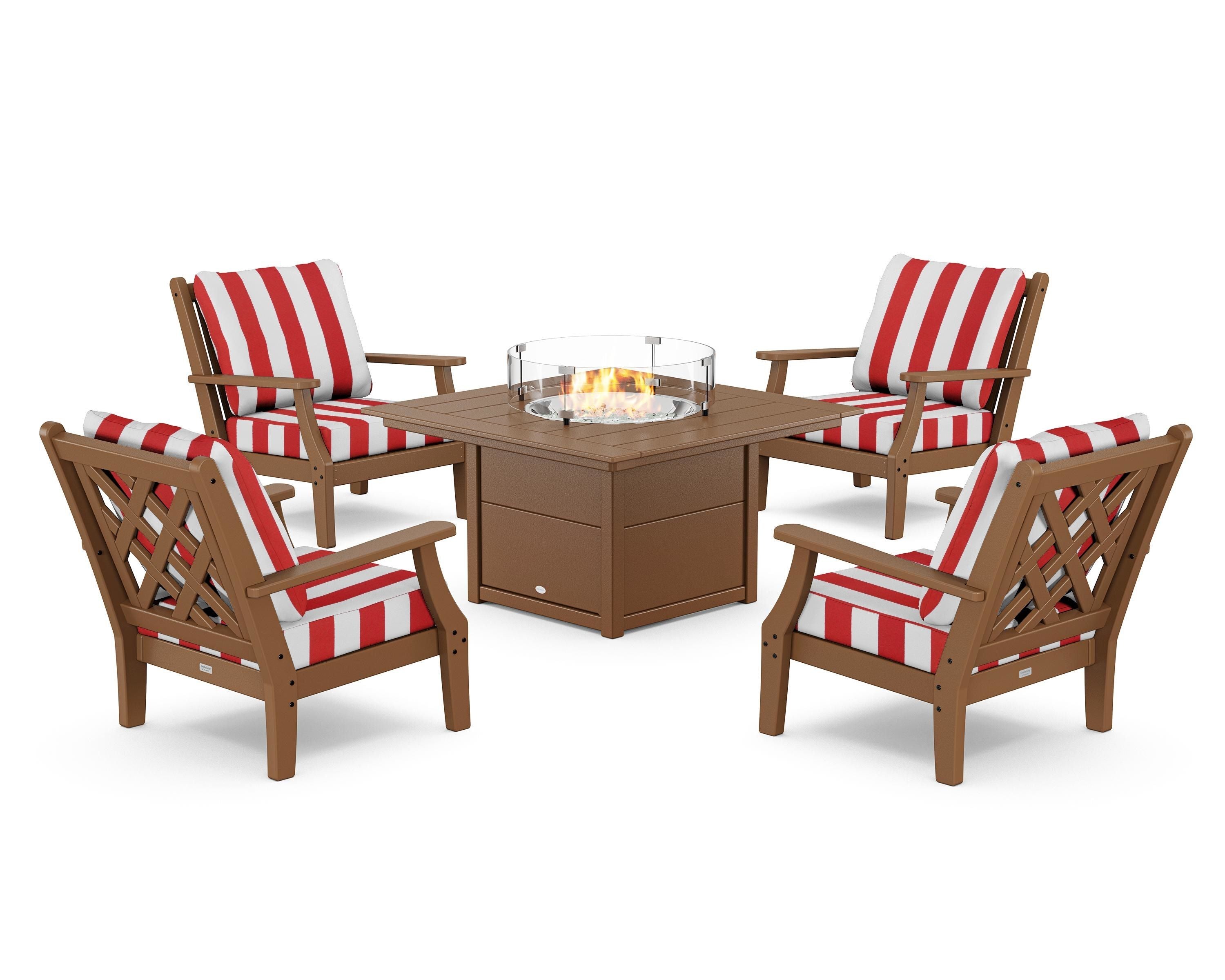 Country Living Wovendale 5-Piece Deep Seating Set with Fire Pit Table in Teak / Cabana Stripe Crimson