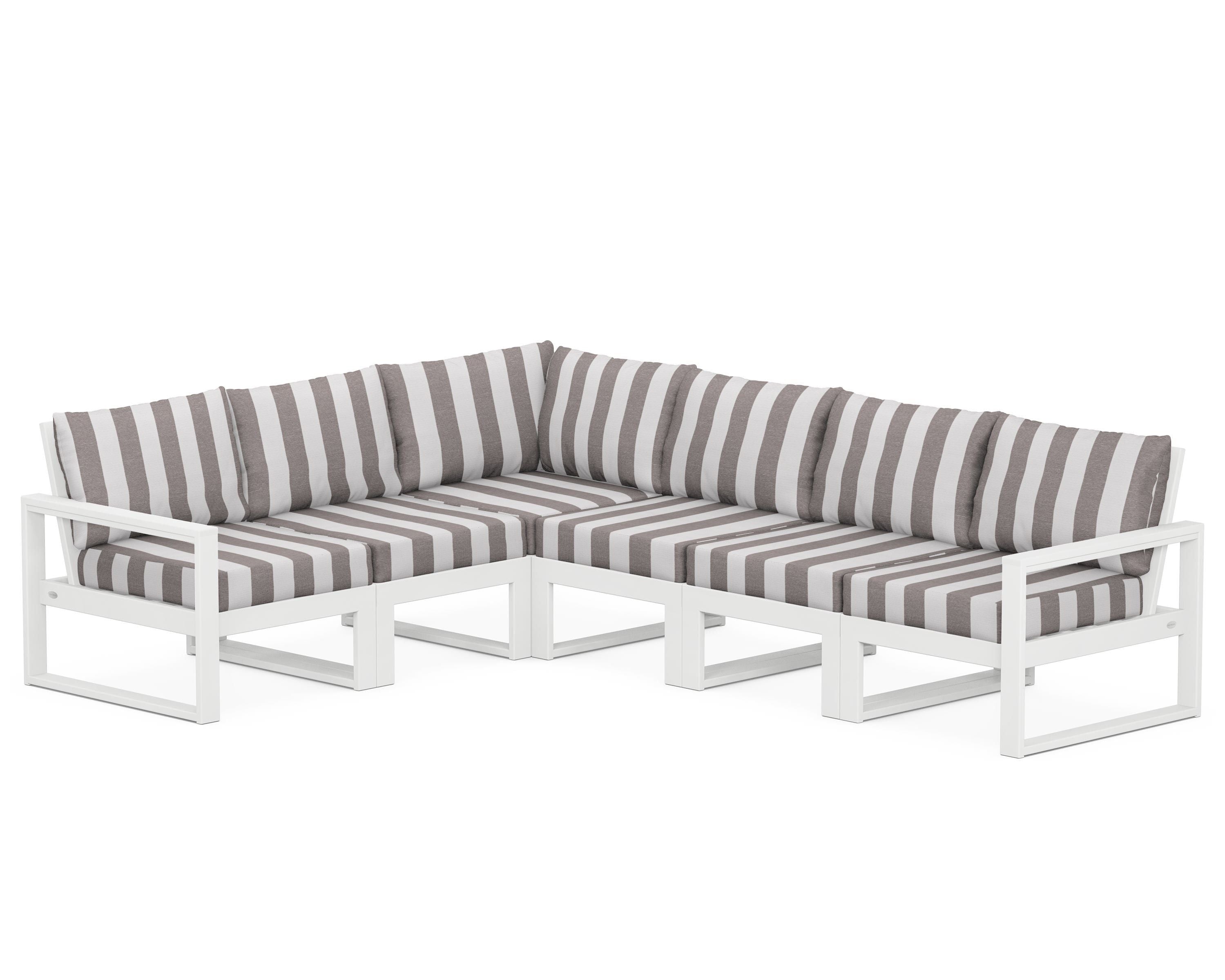 POLYWOOD® EDGE 6-Piece Modular Deep Seating Set in White / Cabana Stripe Grey Mist