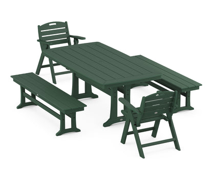 POLYWOOD® Nautical Folding Lowback Chair 5-Piece Dining Set with Trestle Legs and Benches in Green