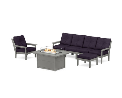 POLYWOOD® Vineyard Sectional Lounge and Fire Pit Set in Slate Grey / Navy Linen
