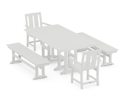 POLYWOOD® Mission 5-Piece Farmhouse Dining Set with Benches in White