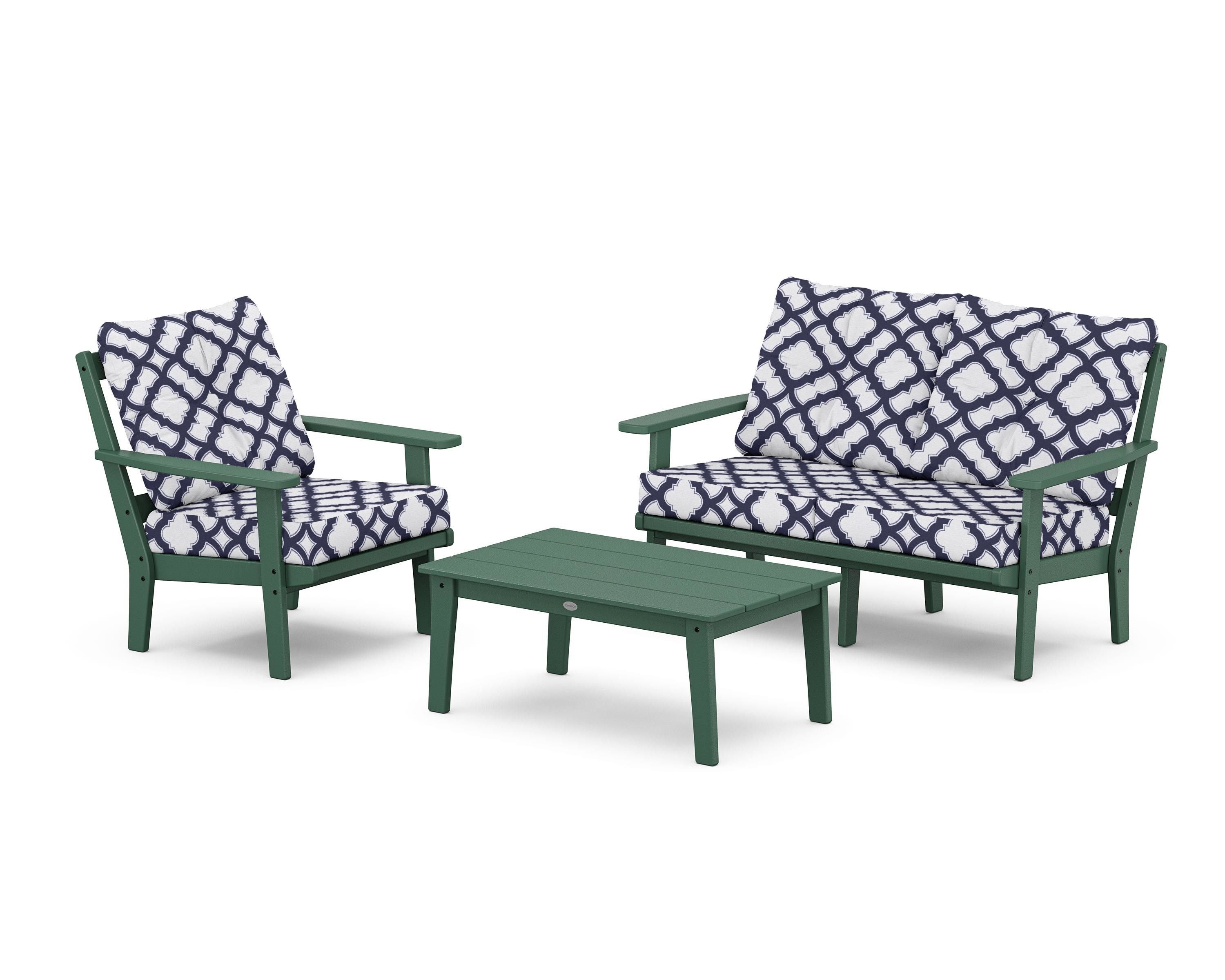 POLYWOOD® Oxford 3-Piece Deep Seating Set with Loveseat in Green / Trellis Navy