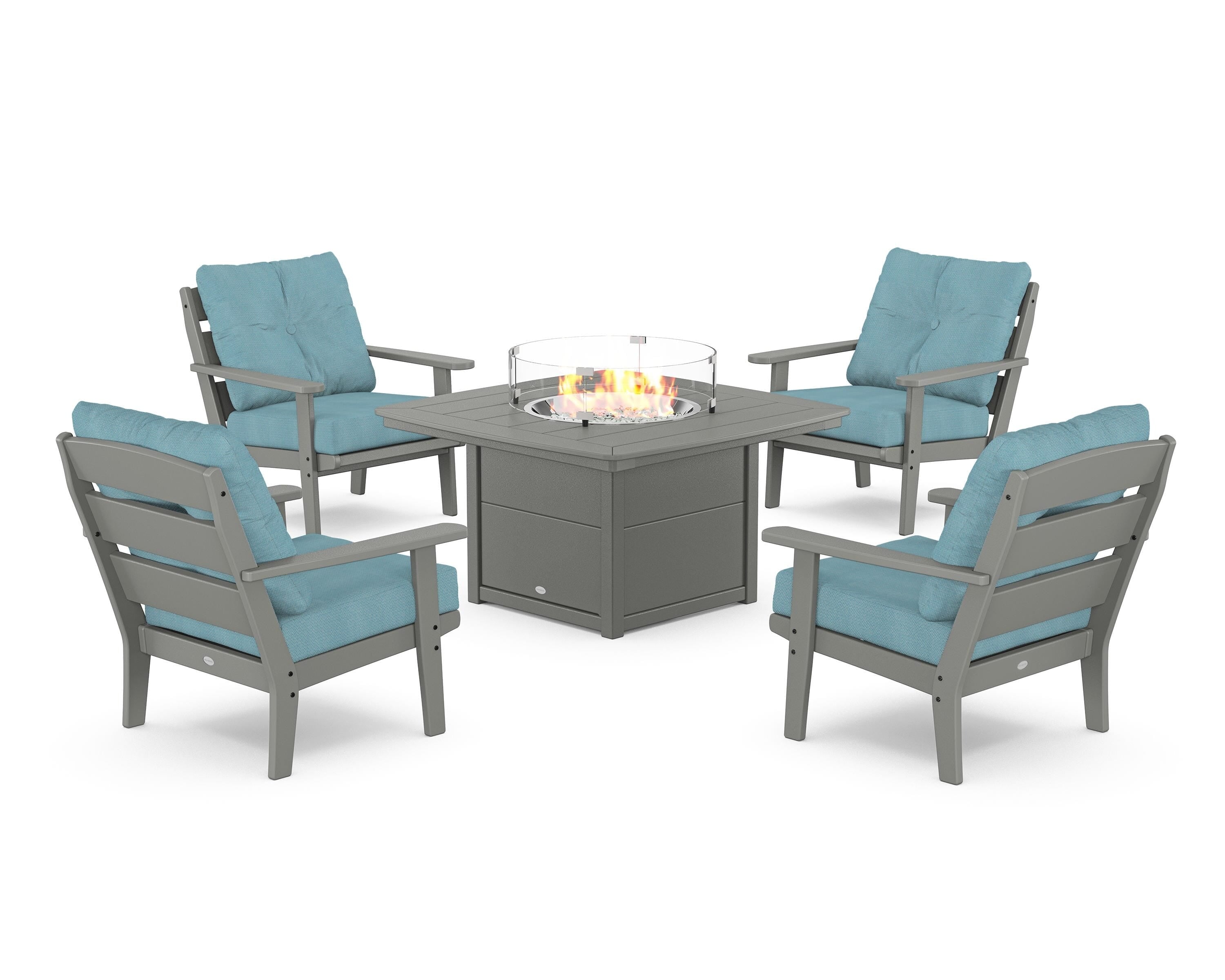 POLYWOOD® Lakeside 5-Piece Deep Seating Set with Nautical Fire Pit Table in Slate Grey / Lattice Sky Blue