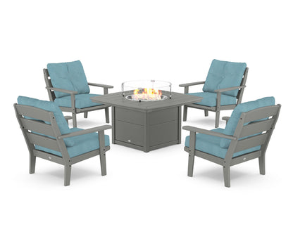 POLYWOOD® Lakeside 5-Piece Deep Seating Set with Nautical Fire Pit Table in Slate Grey / Lattice Sky Blue