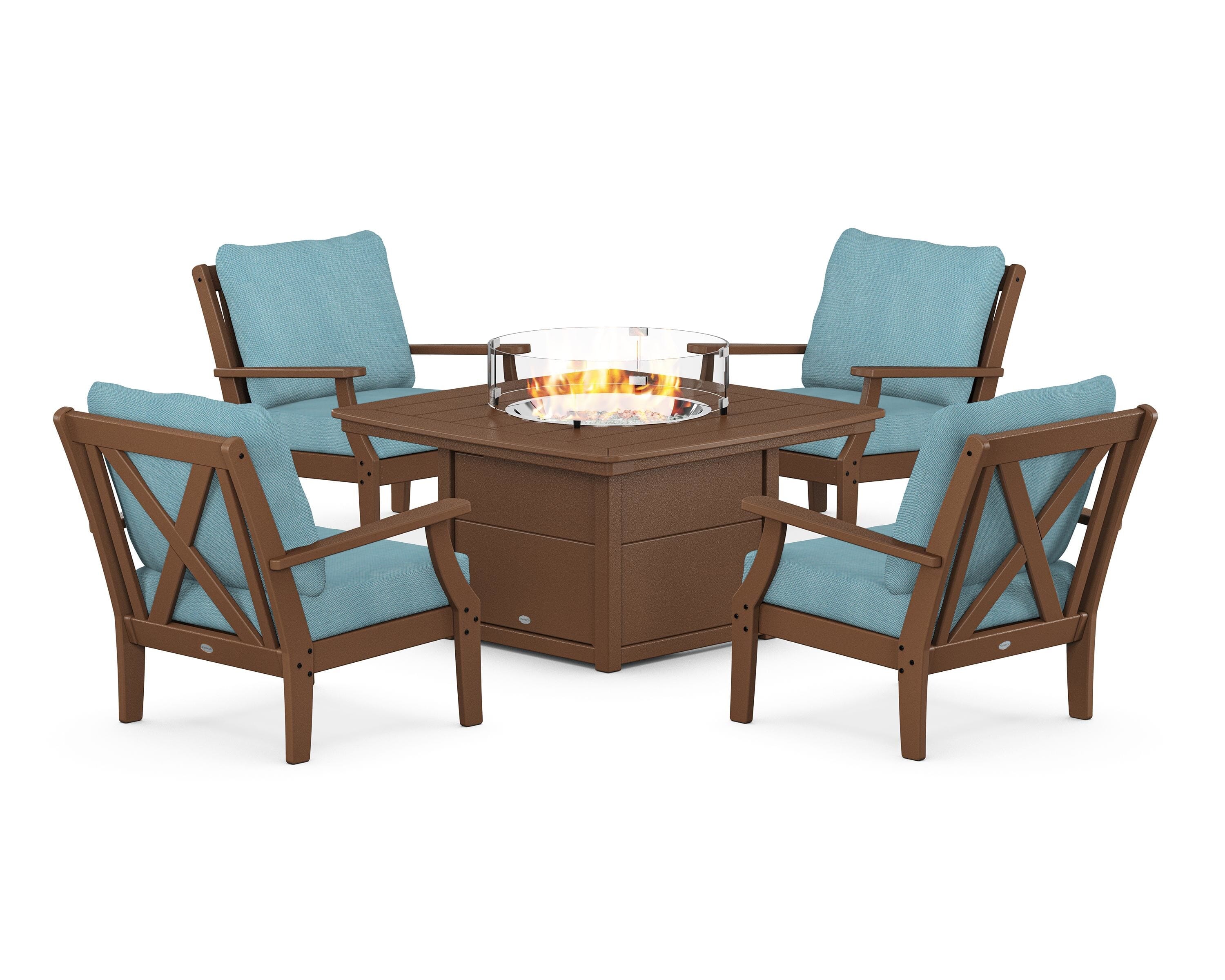 POLYWOOD® Braxton 5-Piece Deep Seating Conversation Set with Fire Pit Table in Teak / Lattice Sky Blue