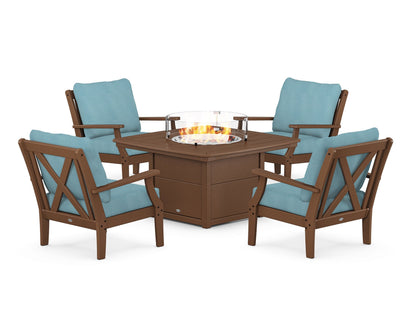 POLYWOOD® Braxton 5-Piece Deep Seating Conversation Set with Fire Pit Table in Teak / Lattice Sky Blue