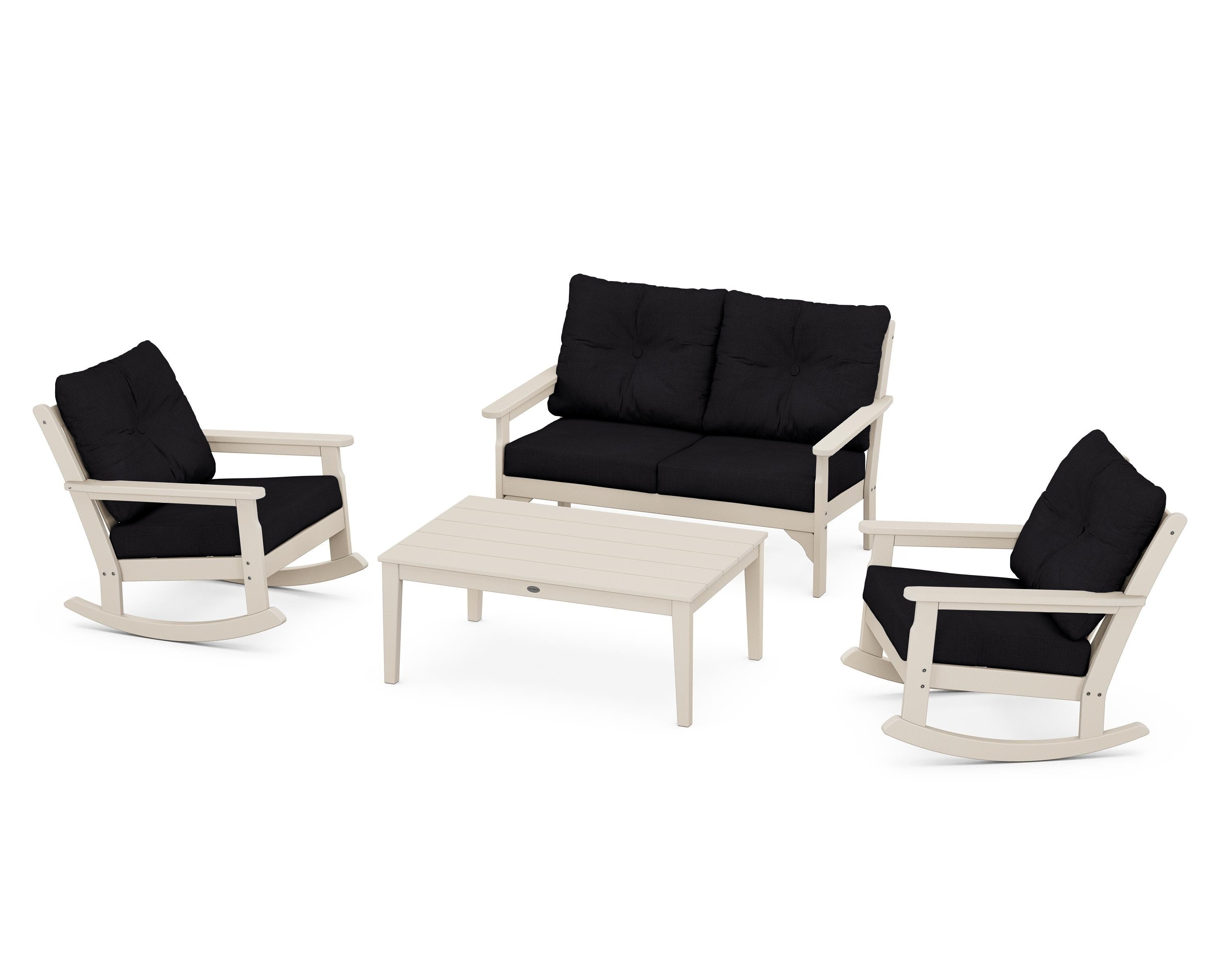 POLYWOOD® Vineyard 4-Piece Deep Seating Rocking Chair Set in Sand / Midnight Linen