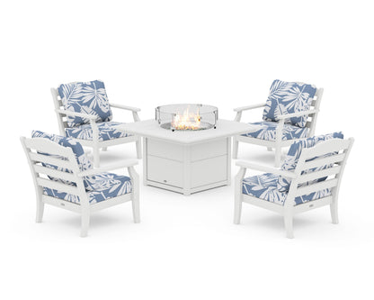 Draper James™ by  POLYWOOD® Savannah 5-Piece Deep Seating Set with Fire Pit Table in White / Leaf Sky Blue