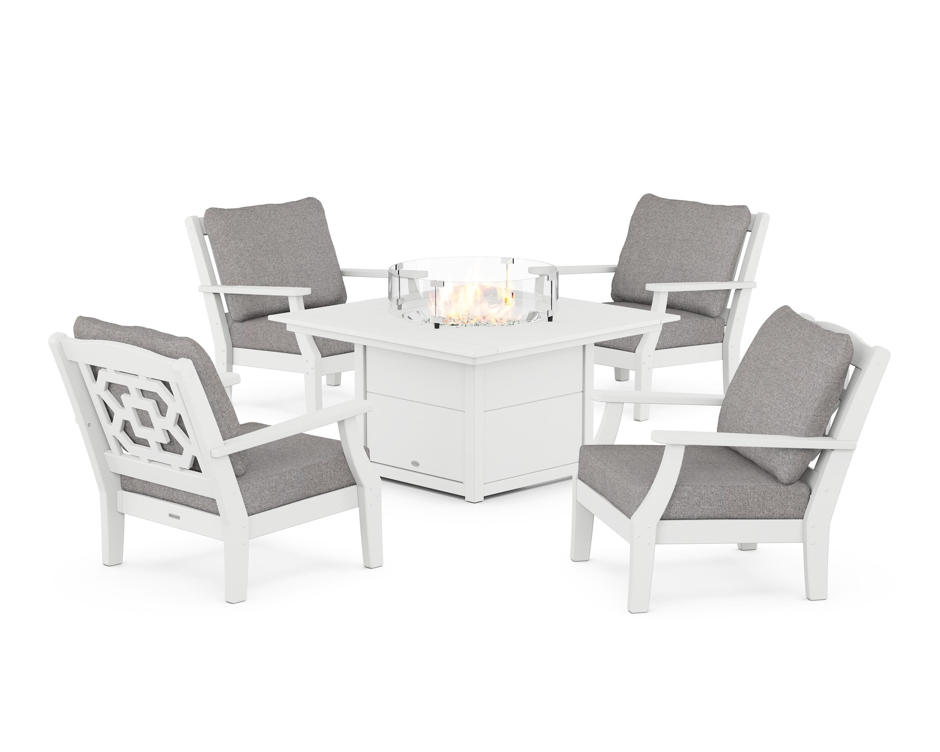 Martha Stewart by POLYWOOD® Chinoiserie 5-Piece Deep Seating Set with Fire Pit Table in White / Grey Mist
