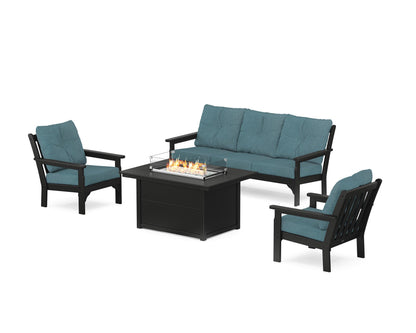 POLYWOOD® Vineyard Deep Seating Fire Pit Table Set in Black / Ocean Teal