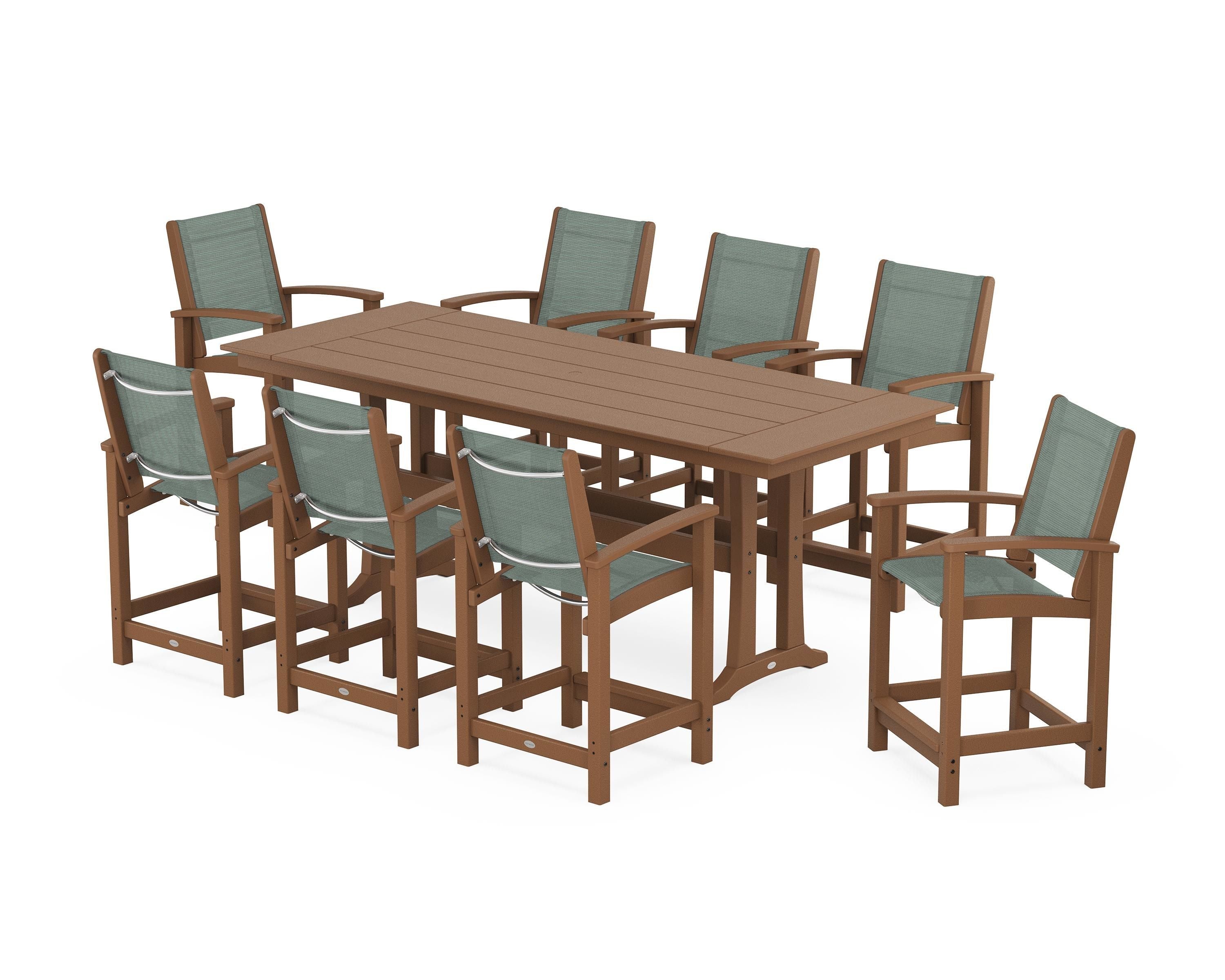 POLYWOOD® Coastal 9-Piece Farmhouse Counter Set with Trestle Legs in Teak / Dupioni Sea Mist Sling