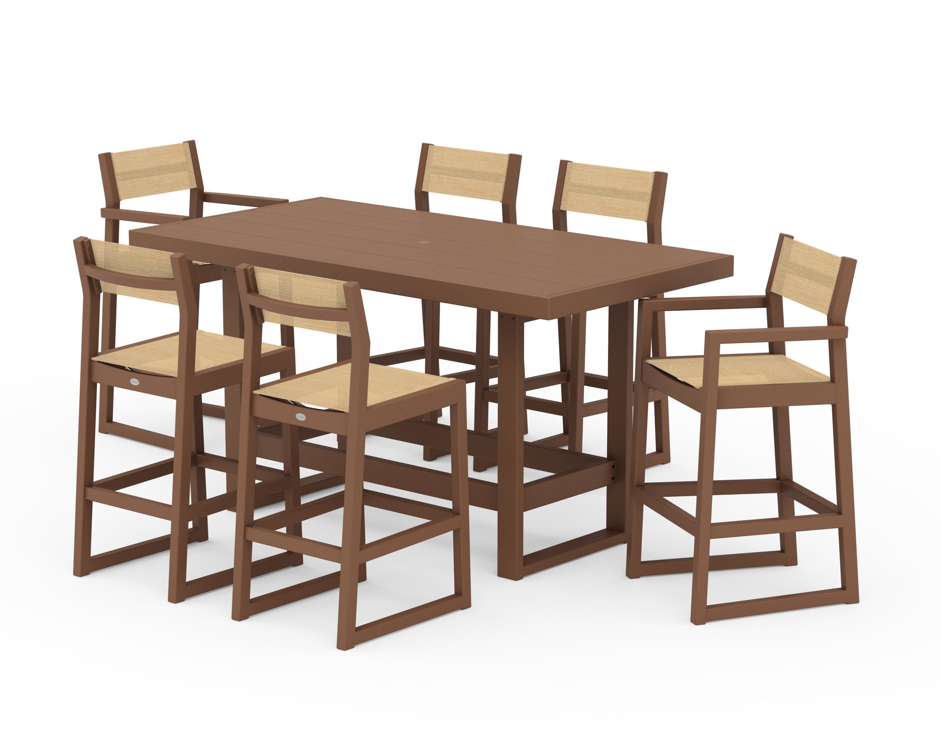 POLYWOOD® EDGE Sling 7-Piece Bar Table Set in Teak / Dupioni Apricot Sling