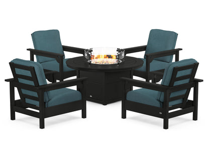 POLYWOOD® Club 5-Piece Conversation Set with Fire Pit Table in Black / Ocean Teal