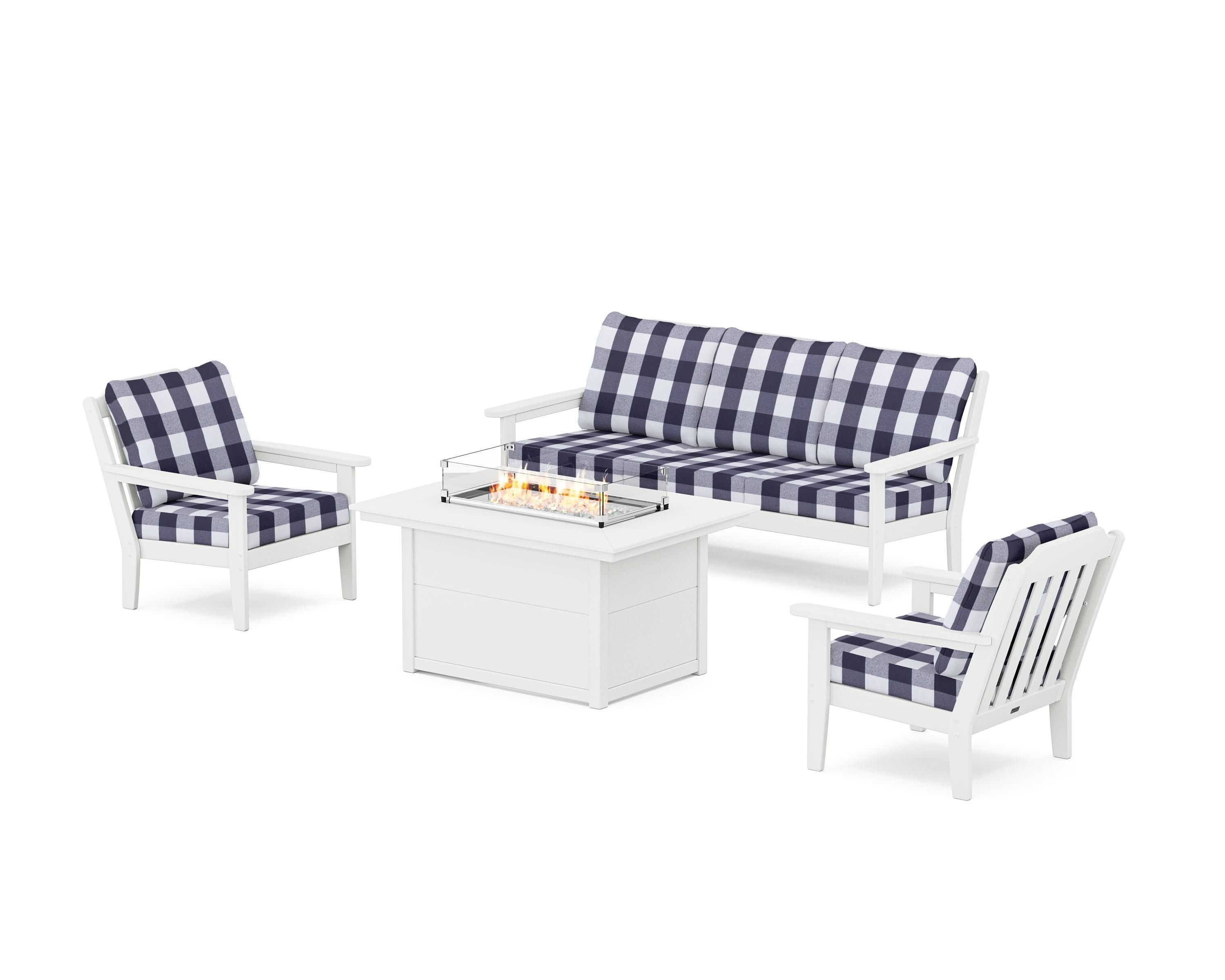 Country Living Cottage Deep Seating Fire Pit Table Set in White / Buffalo Plaid Navy