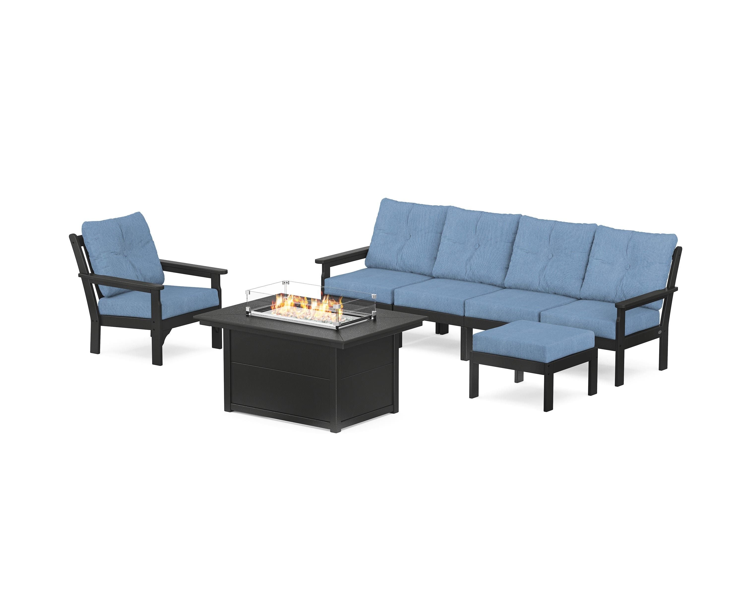 POLYWOOD® Vineyard Sectional Lounge and Fire Pit Set in Black / Sky Blue