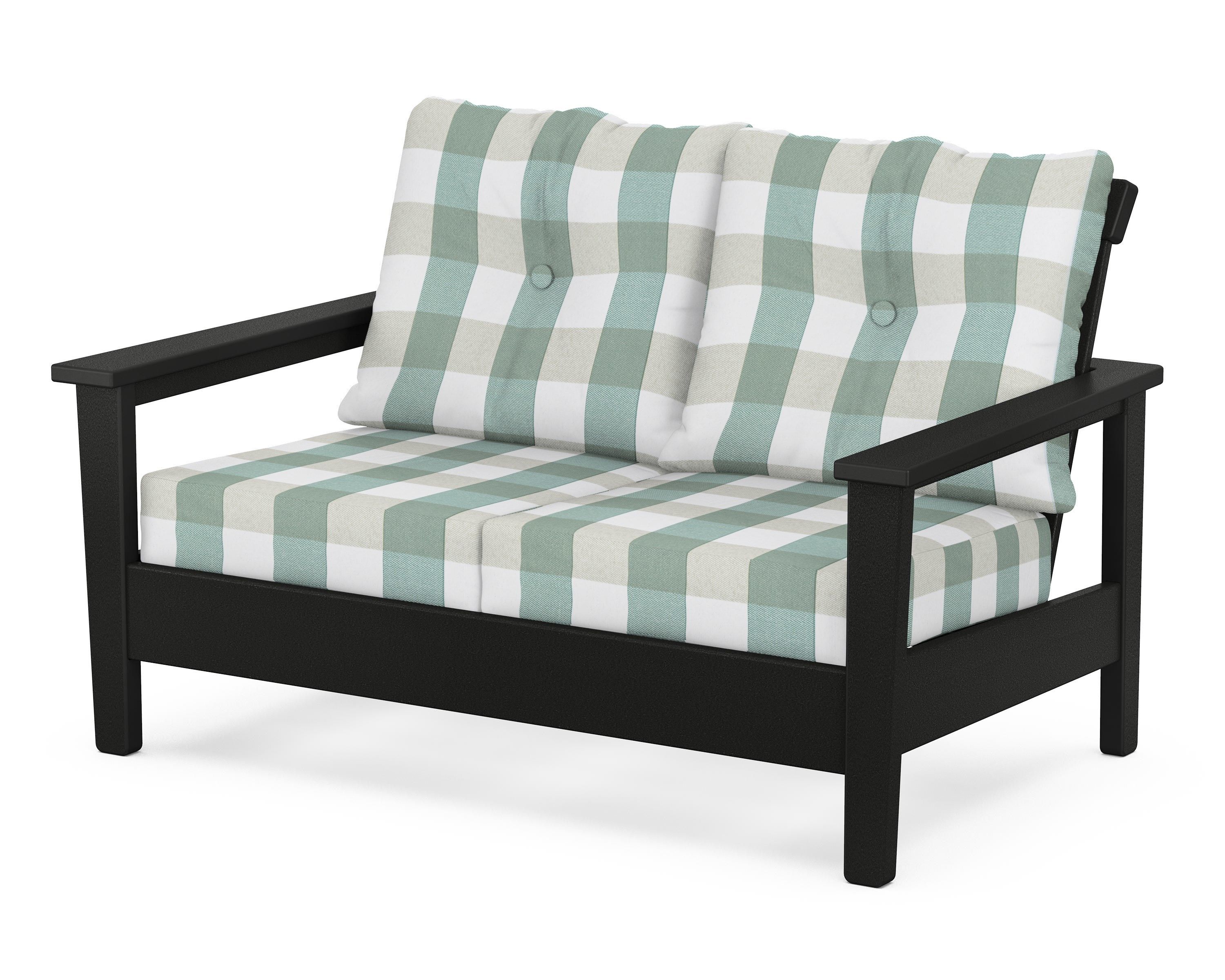 POLYWOOD® Prescott Deep Seating Loveseat in Black / Buffalo Plaid Glacier Spa