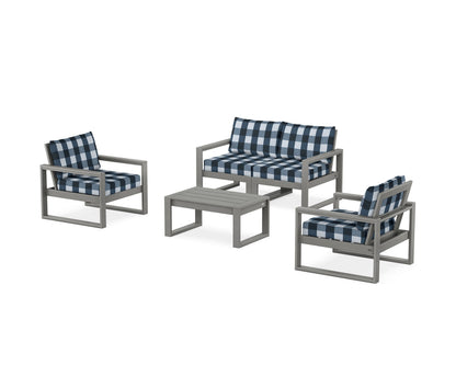 POLYWOOD® EDGE Sectional 4-Piece Deep Seating Set with Loveseat in Slate Grey / Buffalo Plaid Marine Indigo