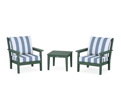 POLYWOOD® Chippendale 3-Piece Deep Seating Set in Green / Cabana Stripe Sky Blue