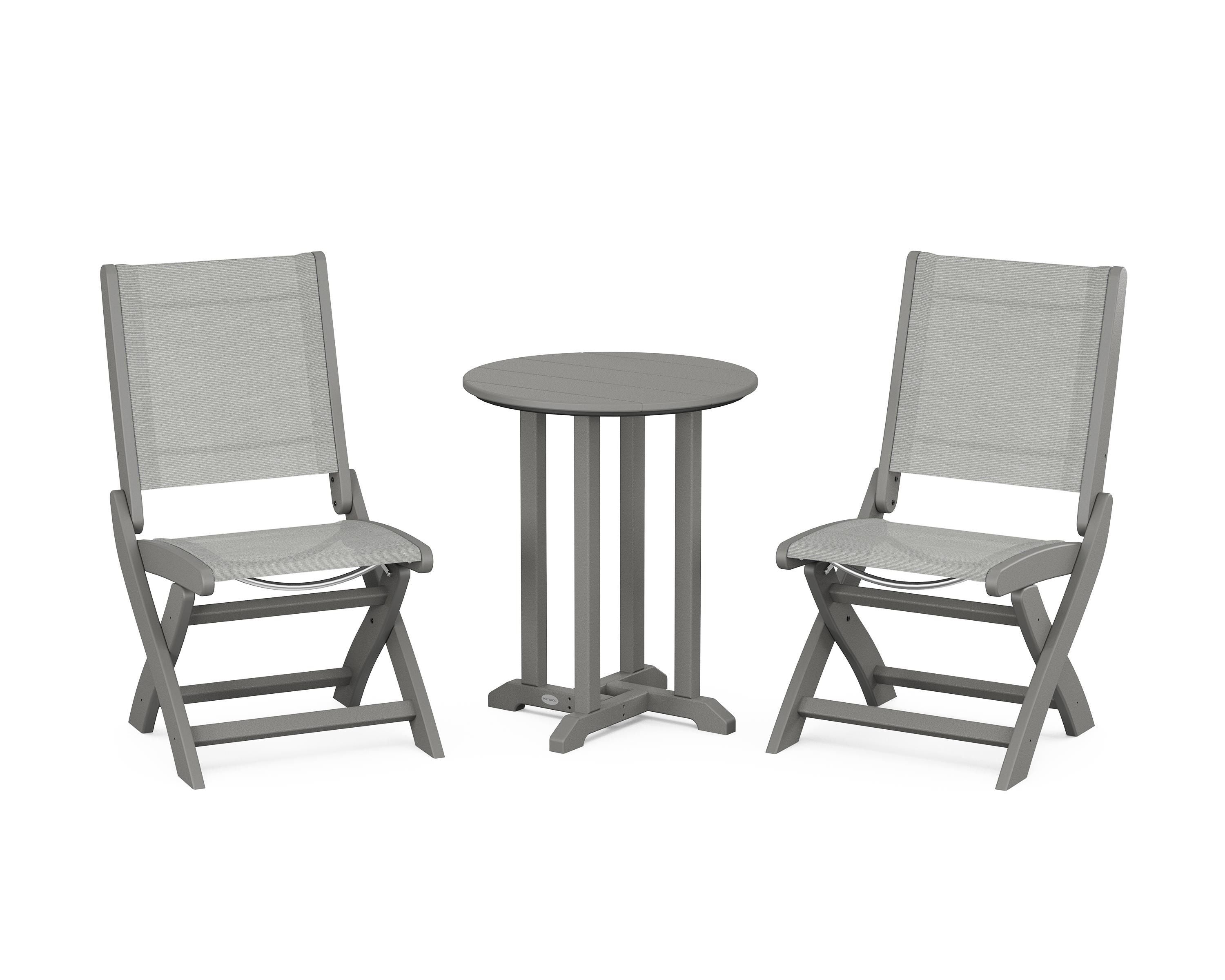 POLYWOOD® Coastal Folding Side Chair 3-Piece Round Bistro Dining Set in Slate Grey / Metallic Sling