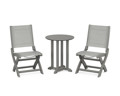 POLYWOOD® Coastal Folding Side Chair 3-Piece Round Bistro Dining Set in Slate Grey / Metallic Sling