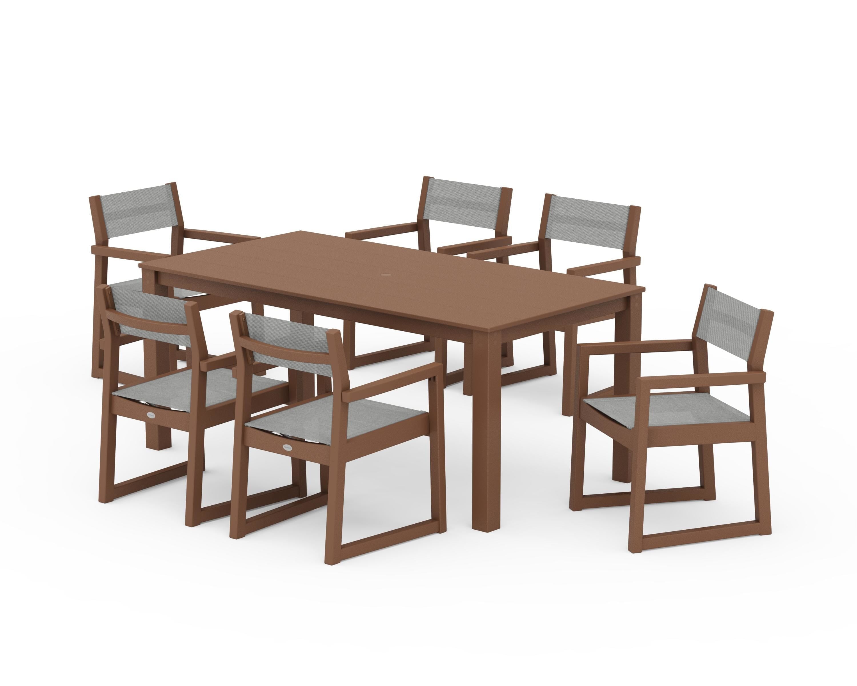 POLYWOOD® EDGE Sling Arm Chair 7-Piece Parsons Dining Set in Teak / Metallic Sling