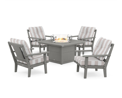 POLYWOOD® Prairie 5-Piece Deep Seating Set with Fire Pit Table in Slate Grey / Cabana Stripe Dune Burlap