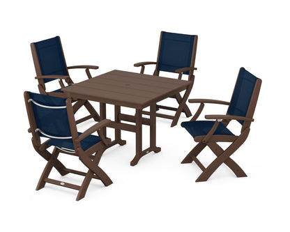 POLYWOOD® Coastal Folding Chair 5-Piece Farmhouse Dining Set in Mahogany / Navy Blue Sling