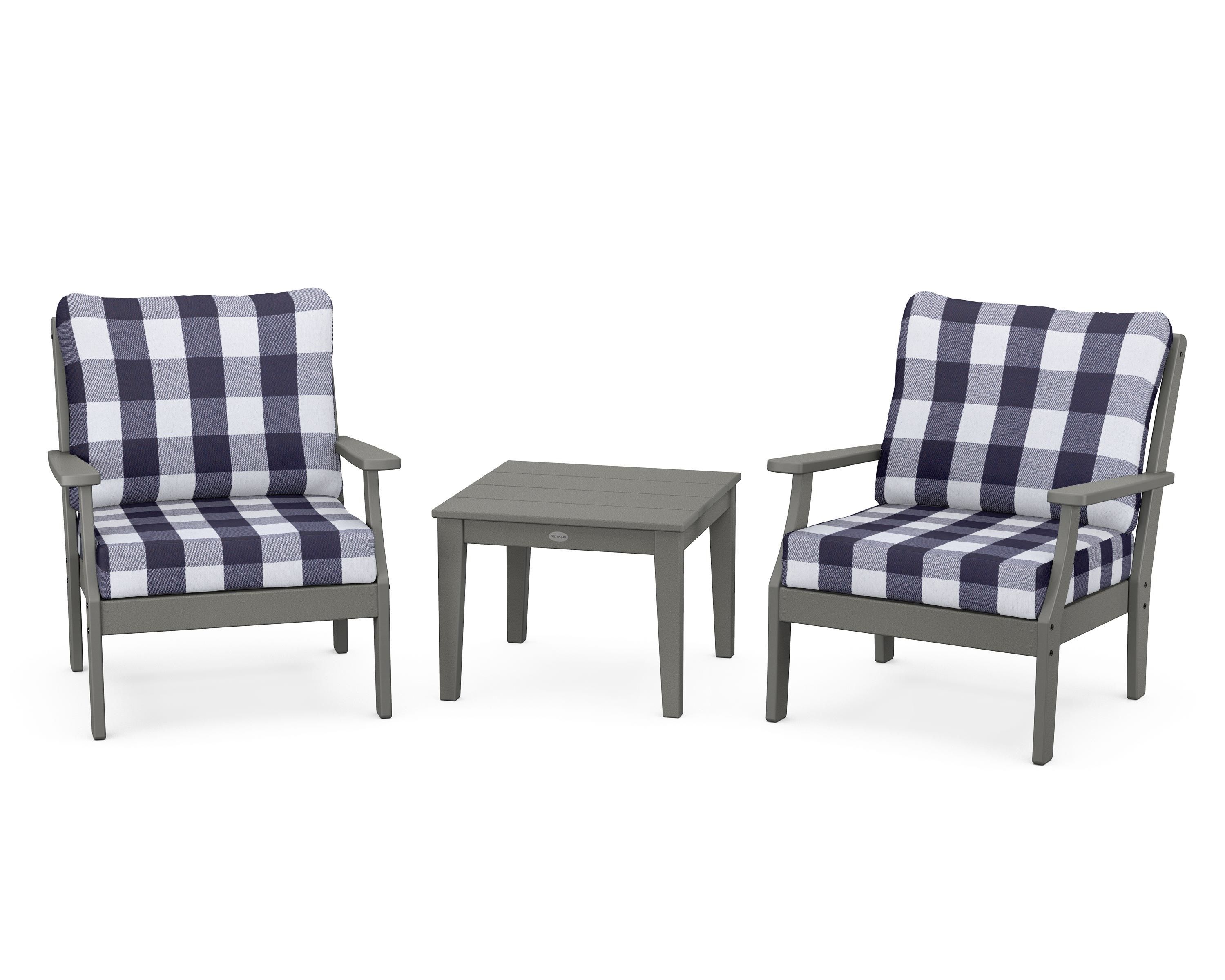 POLYWOOD® Braxton 3-Piece Deep Seating Set in Slate Grey / Buffalo Plaid Navy