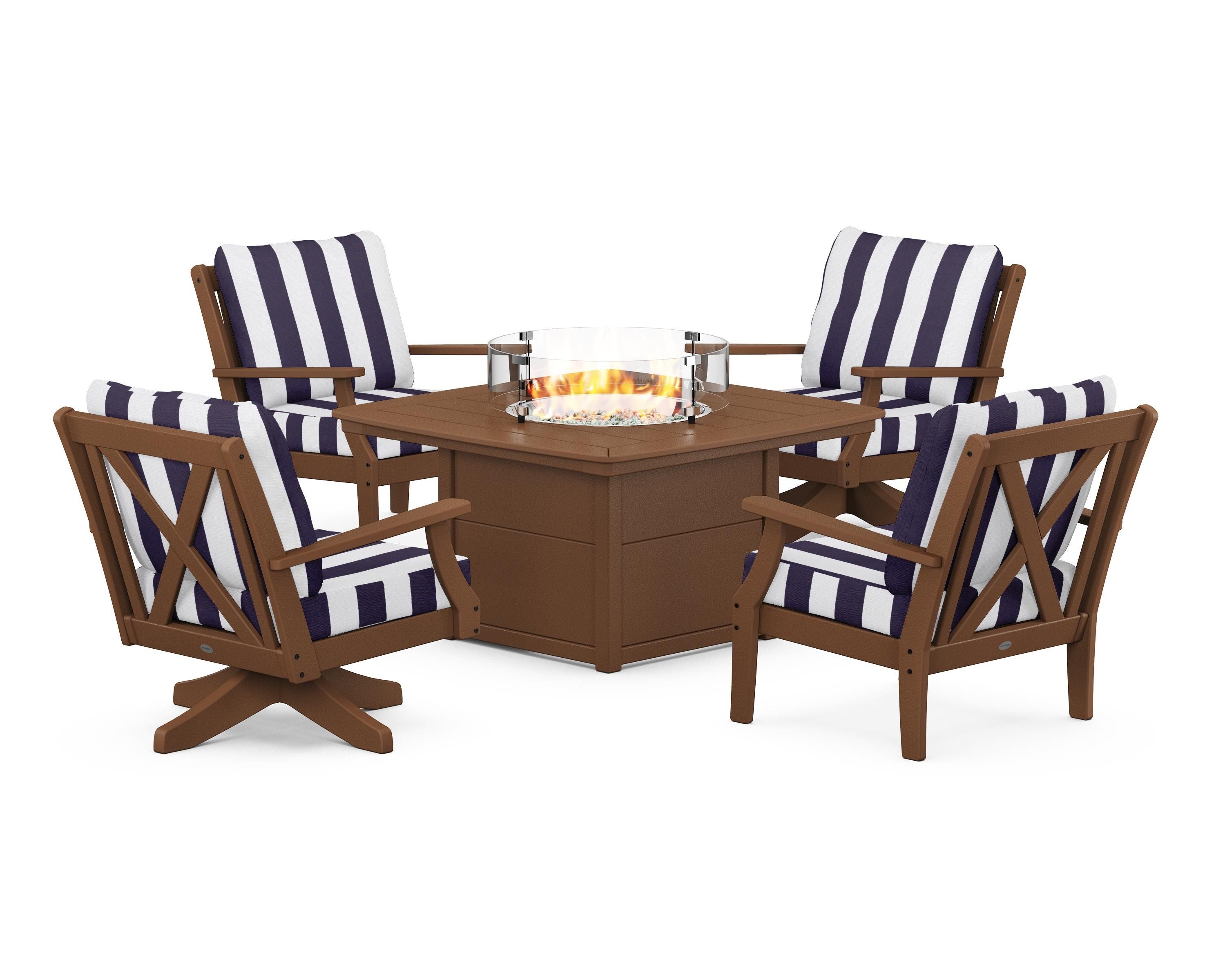 POLYWOOD® Braxton 5-Piece Deep Seating Set with Fire Table in Teak / Cabana Stripe Navy