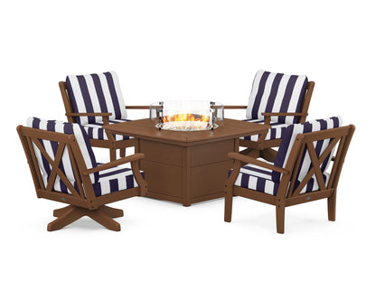 POLYWOOD® Braxton 5-Piece Deep Seating Set with Fire Table in Teak / Cabana Stripe Navy