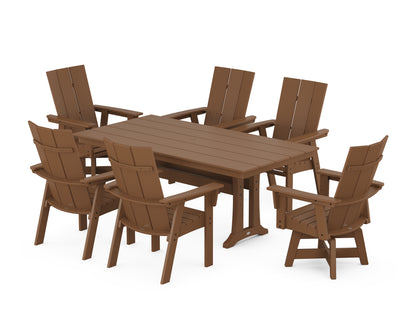 POLYWOOD® Modern Curveback Adirondack Swivel Chair 7-Piece Farmhouse Dining Set With Trestle Legs in Teak