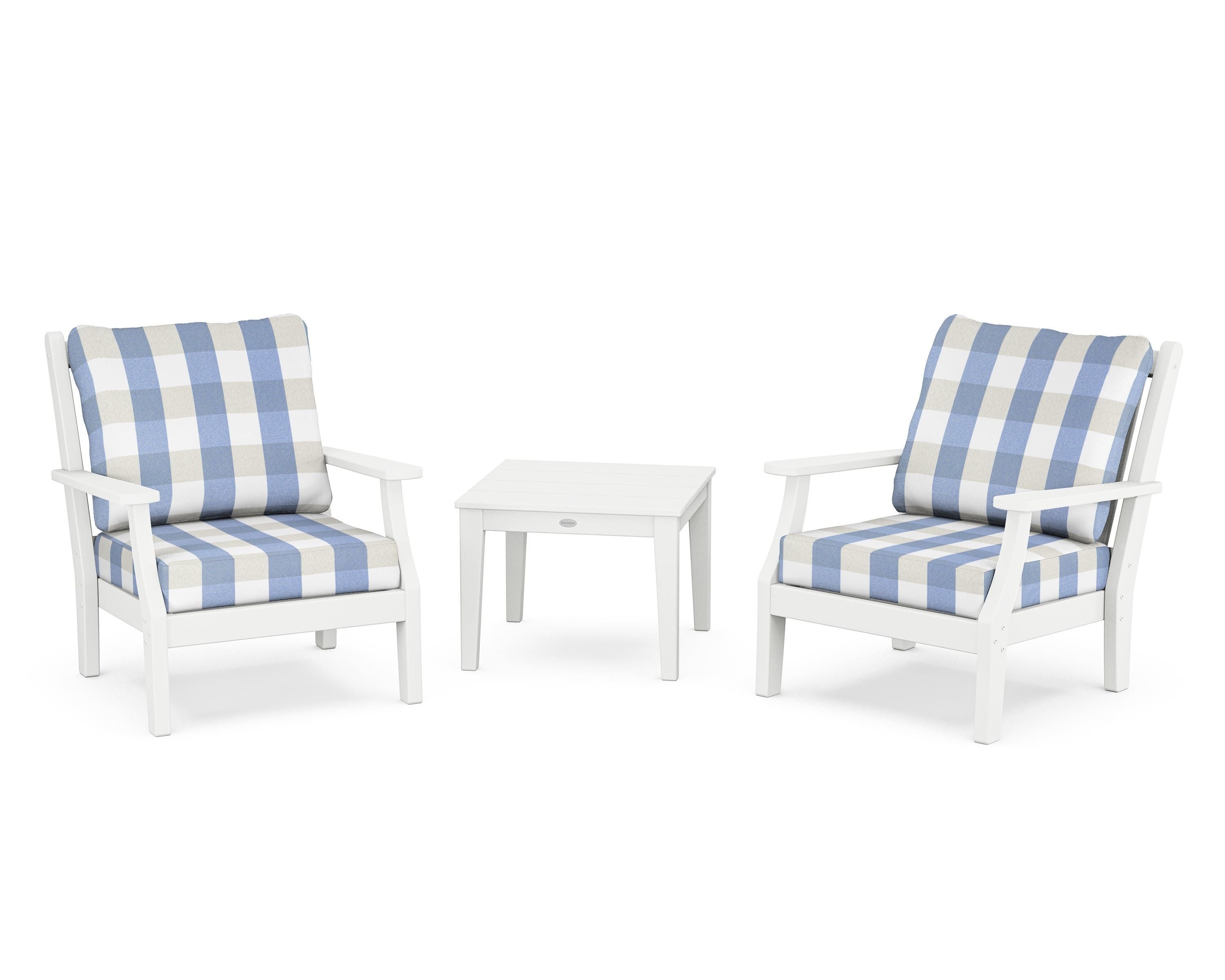 Country Living Wovendale 3-Piece Deep Seating Set in White / Buffalo Plaid Sky Blue
