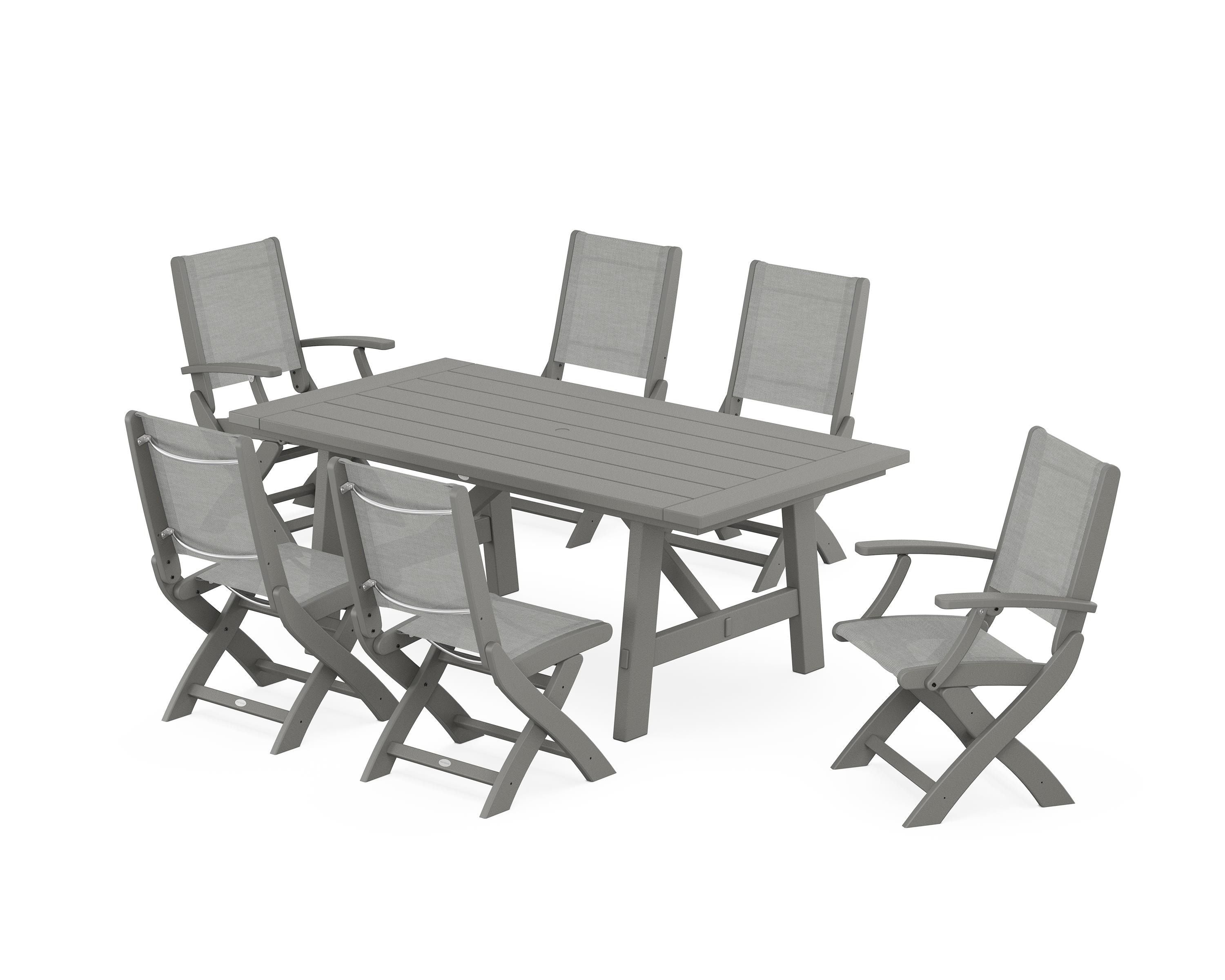 POLYWOOD® Coastal Folding Chair 7-Piece Rustic Farmhouse Dining Set in Slate Grey / Metallic Sling