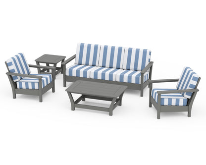 POLYWOOD® Harbour 5-Piece Deep Seating Set in Slate Grey / Cabana Stripe Sky Blue