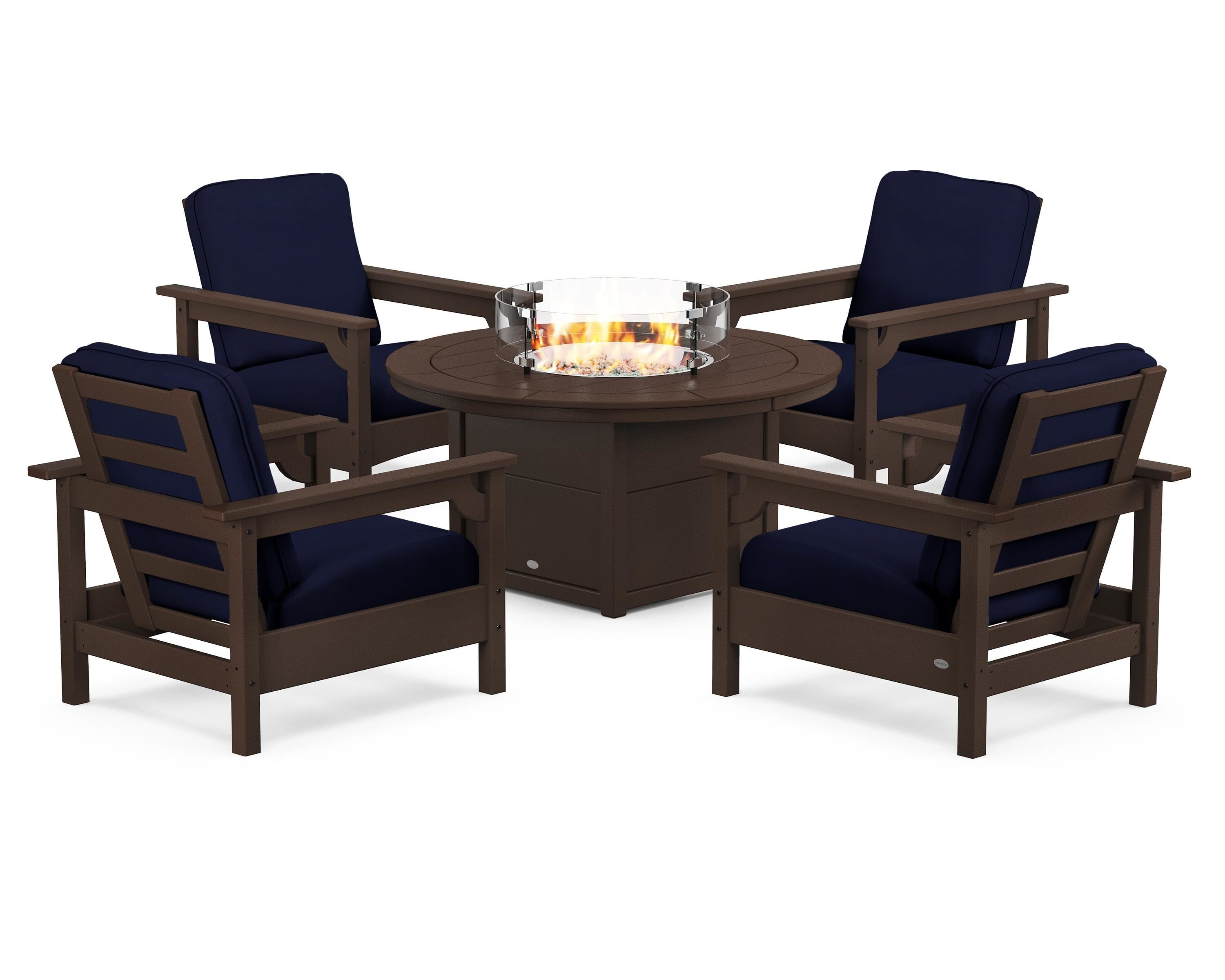 POLYWOOD® Club 5-Piece Conversation Set with Fire Pit Table in Mahogany / Navy