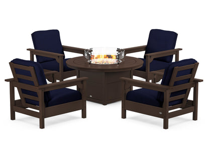 POLYWOOD® Club 5-Piece Conversation Set with Fire Pit Table in Mahogany / Navy