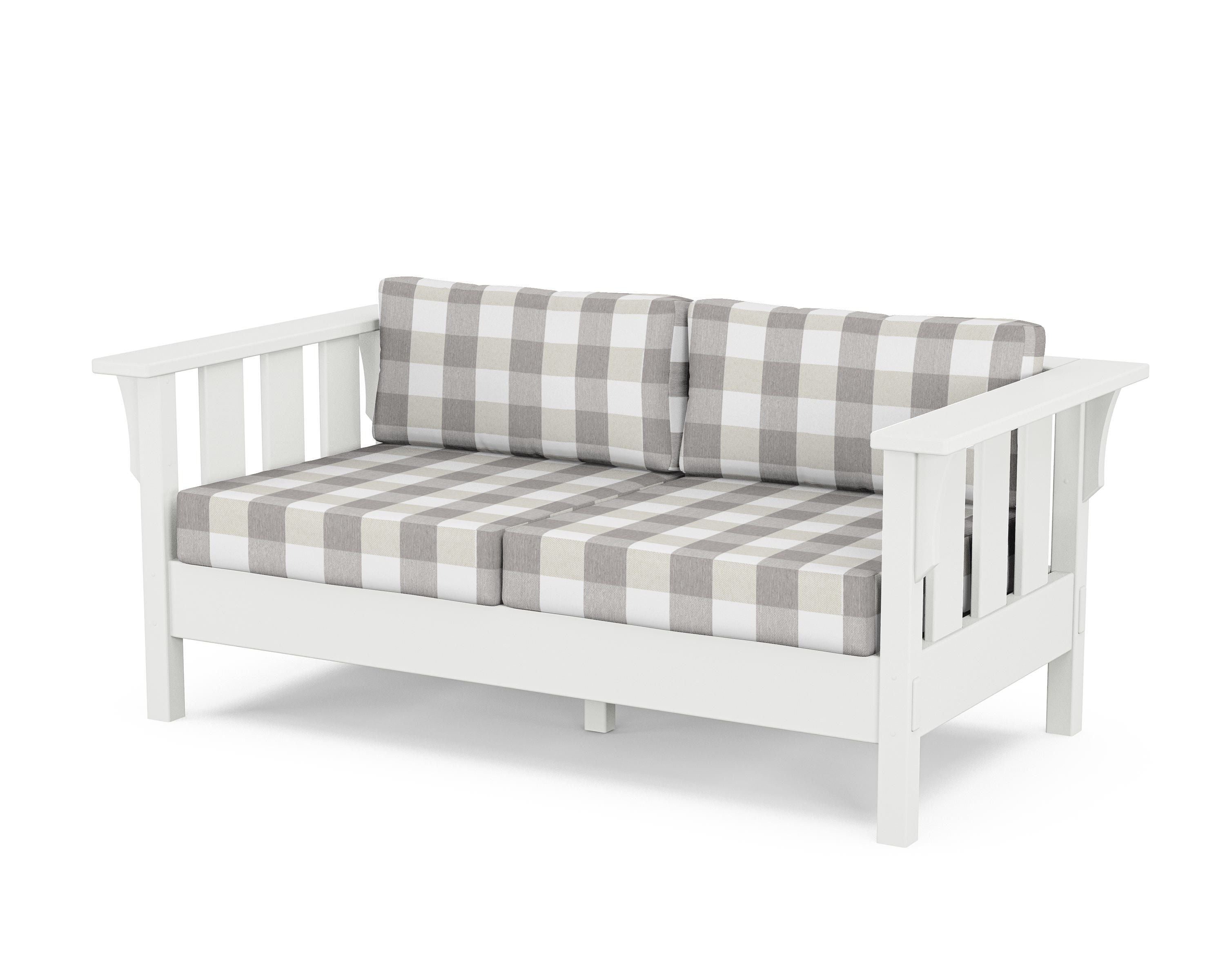 Martha Stewart by POLYWOOD® Acadia Deep Seating Loveseat in White / Buffalo Plaid Grey Mist