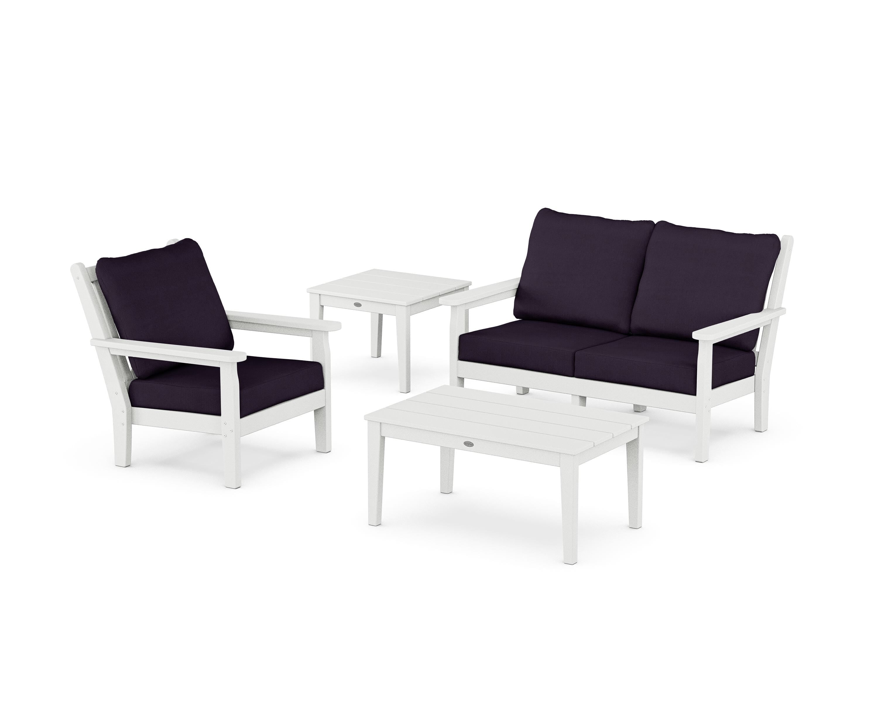 POLYWOOD® Chippendale 4-Piece Deep Seating Set in White / Navy Linen