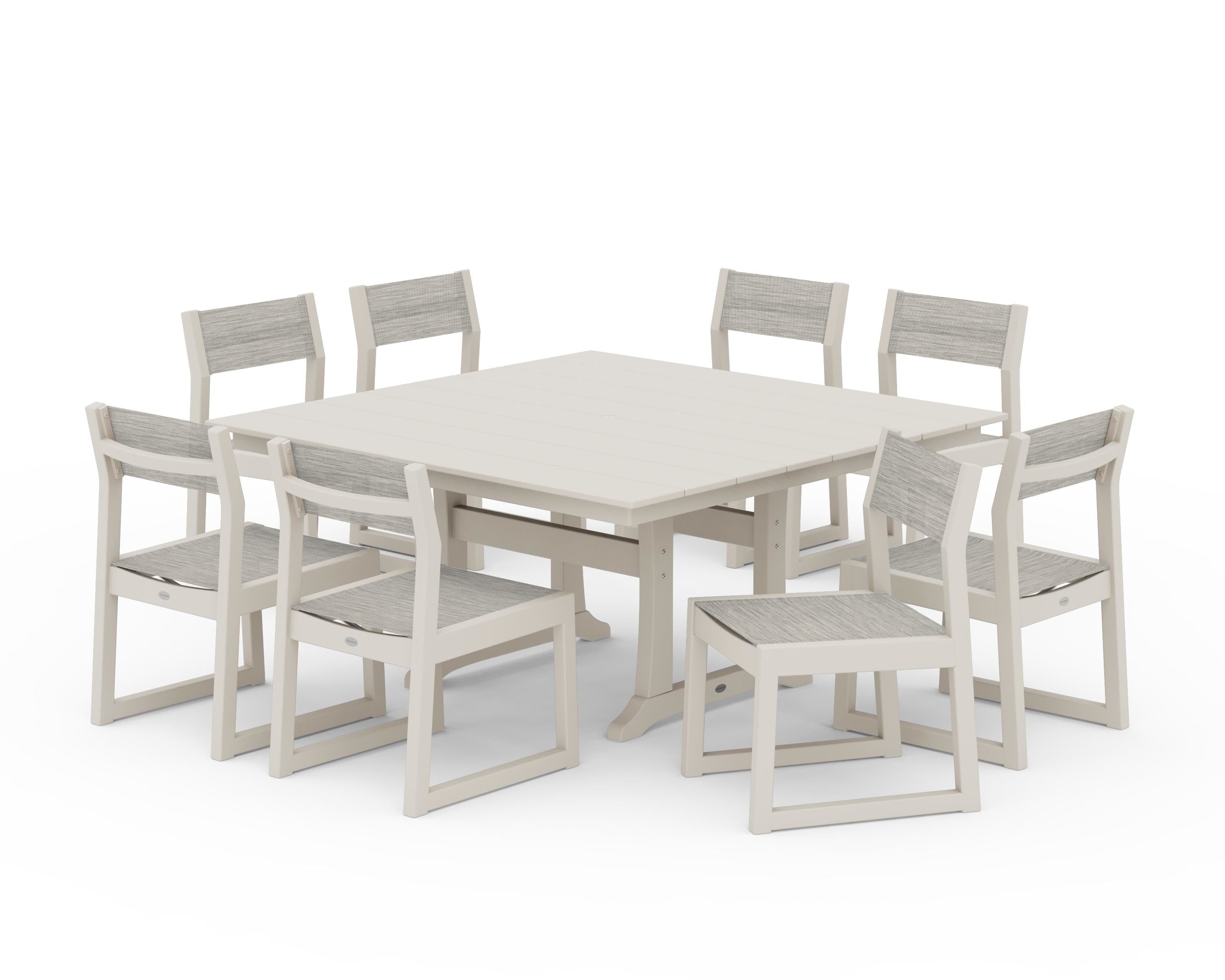 POLYWOOD® EDGE Sling Side Chair 9-Piece Farmhouse Trestle Dining Set in Sand / Birch Sling