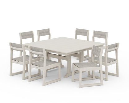 POLYWOOD® EDGE Sling Side Chair 9-Piece Farmhouse Trestle Dining Set in Sand / Birch Sling