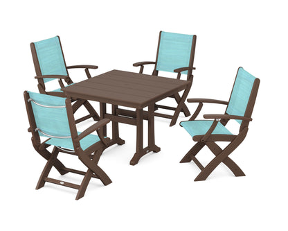 POLYWOOD® Coastal Folding Chair 5-Piece Farmhouse Dining Set With Trestle Legs in Mahogany / Dupioni Aquamarine Sling