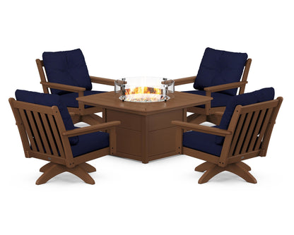 POLYWOOD® Vineyard 5-Piece Deep Seating Swivel Conversation Set with Fire Pit Table in Teak / Navy