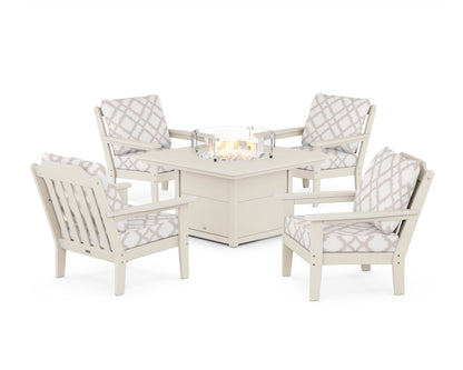 Country Living Cottage 5-Piece Deep Seating Set with Fire Pit Table in Sand / Trellis Dune Burlap