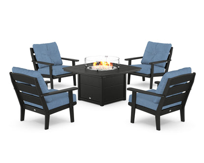 POLYWOOD® Lakeside 5-Piece Deep Seating Set with Nautical Fire Pit Table in Black / Sky Blue