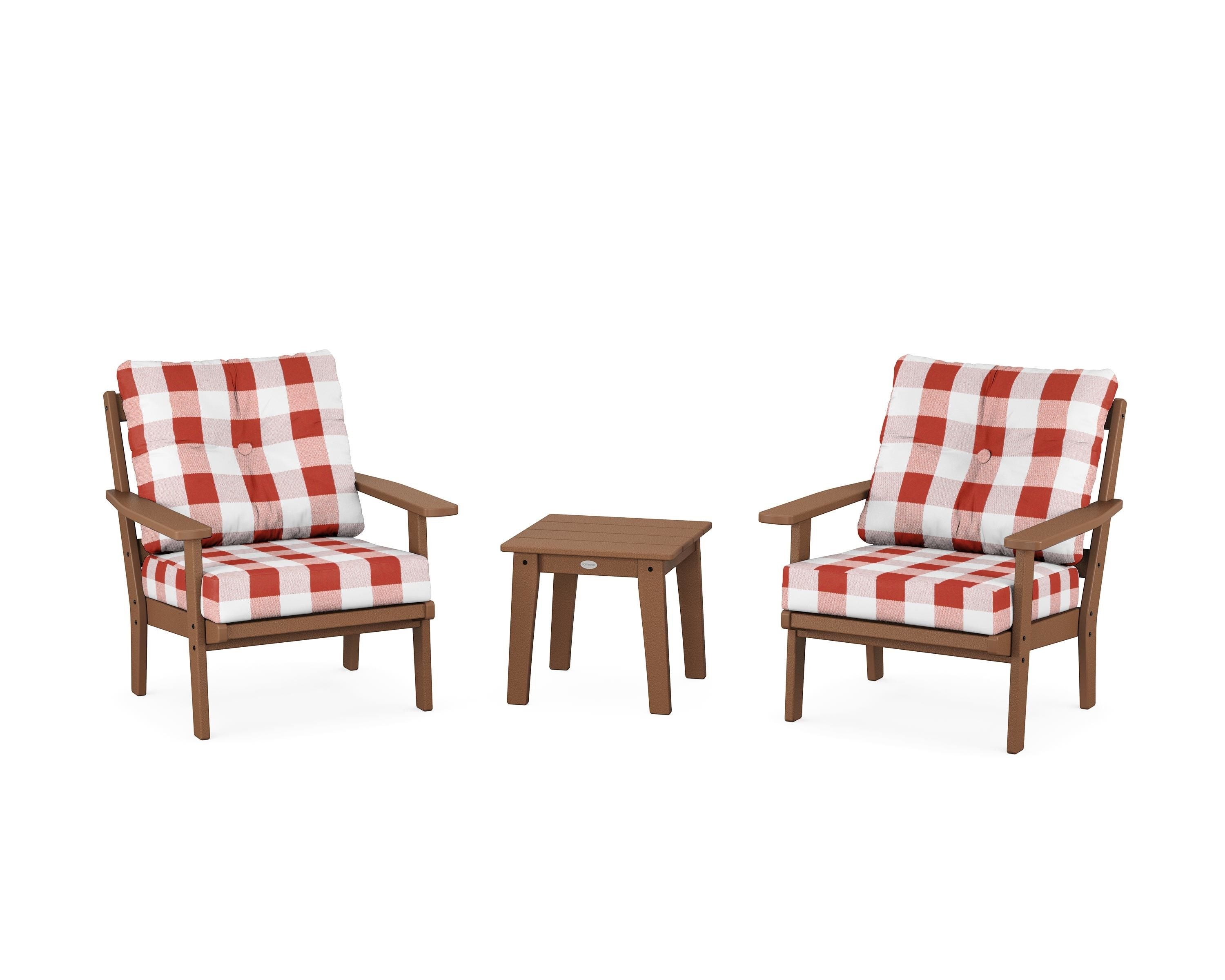 POLYWOOD® Oxford 3-Piece Deep Seating Set in Teak / Buffalo Plaid Crimson