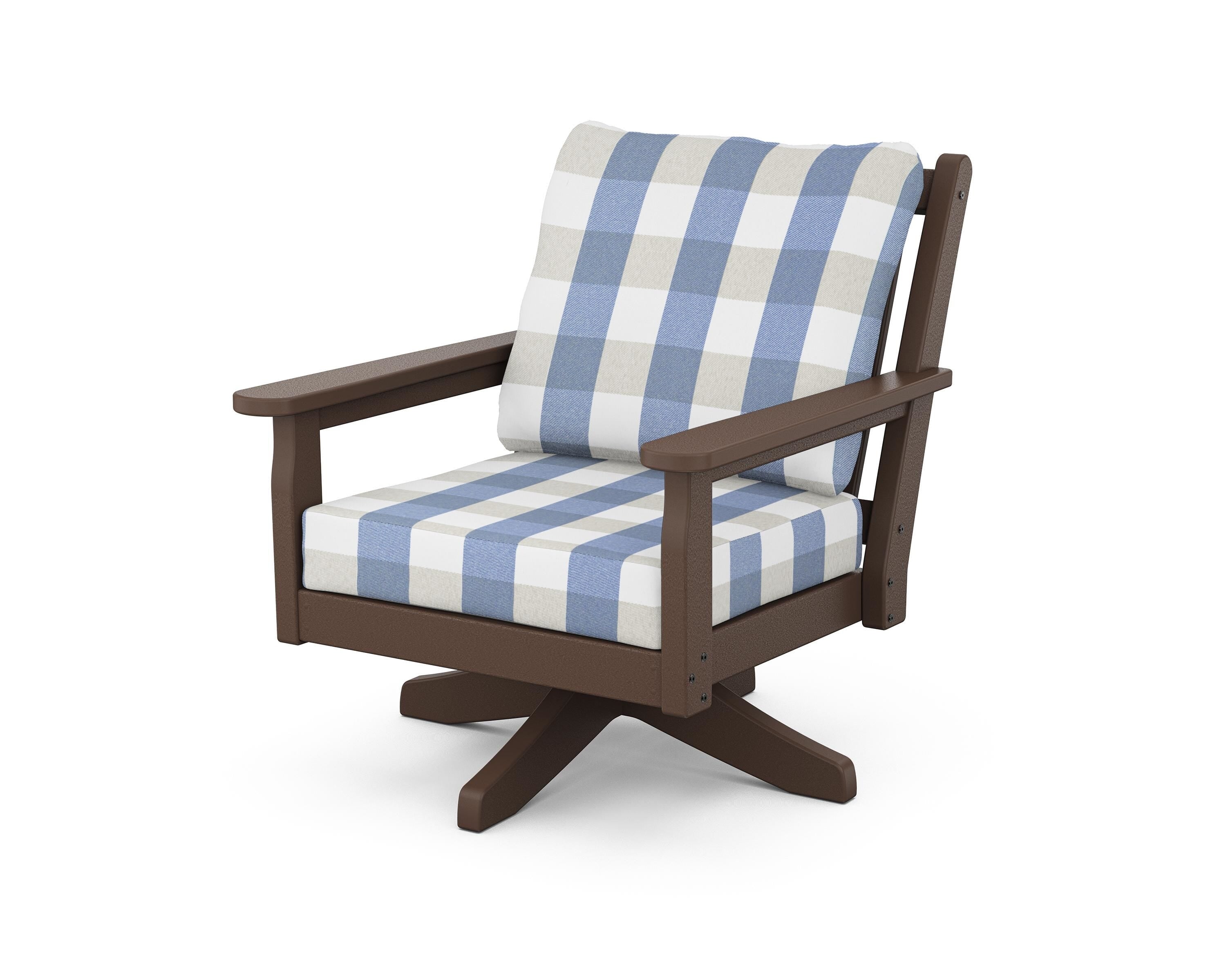 POLYWOOD® Chippendale Deep Seating Swivel Chair in Mahogany / Buffalo Plaid Sky Blue