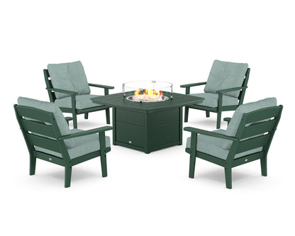 POLYWOOD® Lakeside 5-Piece Deep Seating Set with Nautical Fire Pit Table in Green / Glacier Spa