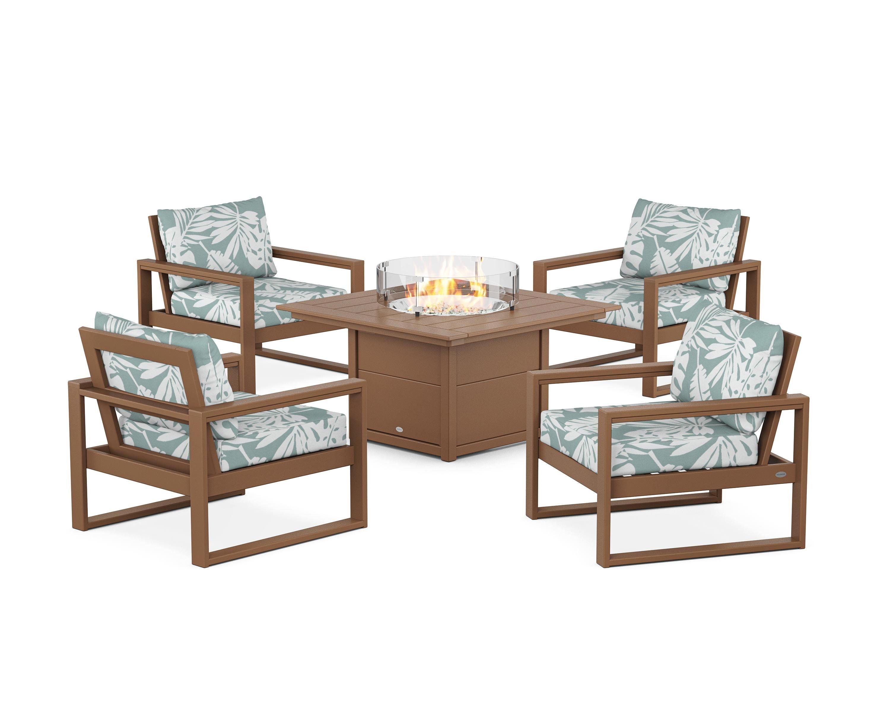 POLYWOOD® EDGE Sectional 5-Piece Deep Seating Set with Fire Pit Table in Teak / Leaf Glacier Spa