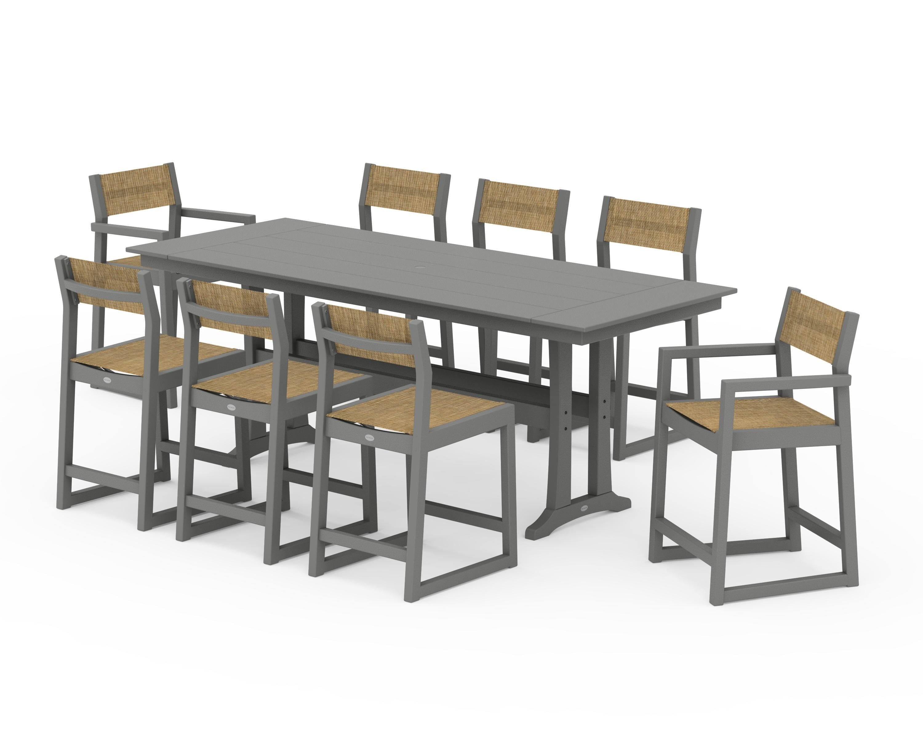POLYWOOD® EDGE Sling 9-Piece Farmhouse Counter Set with Trestle Legs in Slate Grey / Burlap Sling