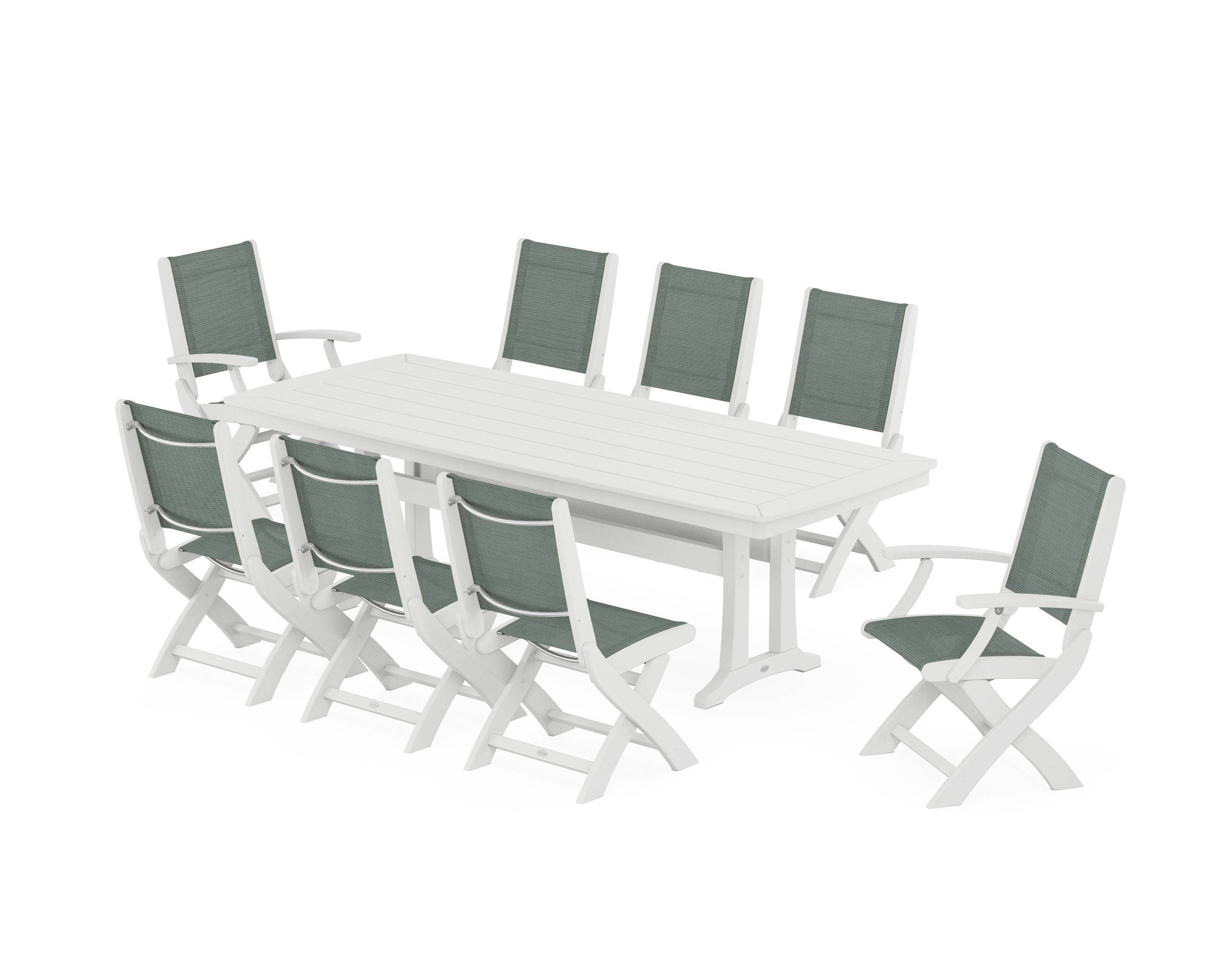 POLYWOOD® Coastal Folding 9-Piece Dining Set with Trestle Legs in White / Dupioni Sea Mist Sling